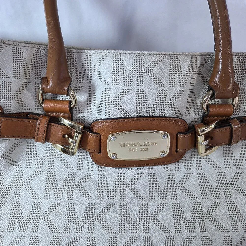 Michael Kors Hamilton White & Brown Leather Satchel Shoulder Bag